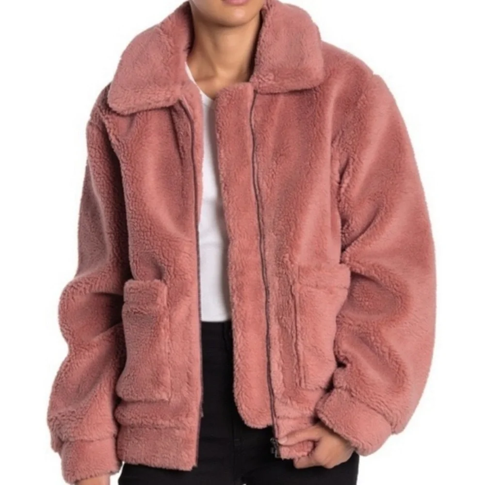 Anthropologie Elodie Pink Teddy Faux Fur Sherpa Shearling Jacket w/ Pockets - Picture 9 of 9